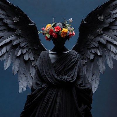Black-winged angel with flower crown