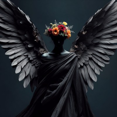 Woman with black wings and flower crown