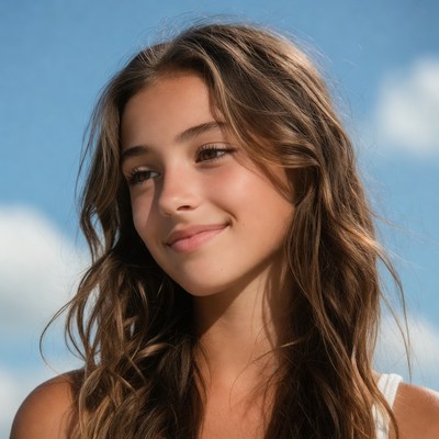 Teen girl smiling against blue sky