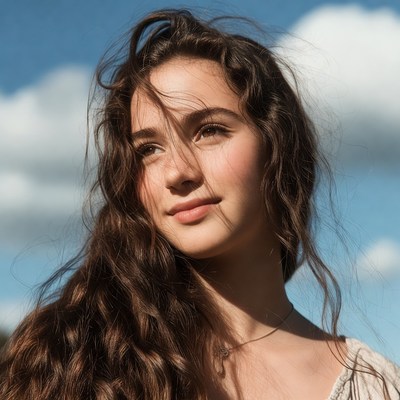 Young woman with wavy hair outdoors