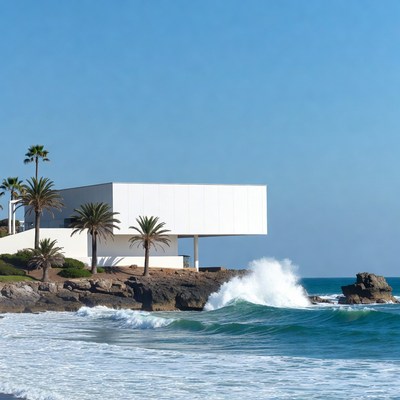 White modern building by crashing ocean waves