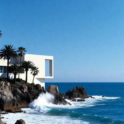 Modern White House on Rocky Seaside Cliff