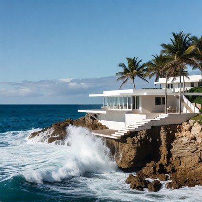 White Modern House on Cliff Over Crashing Ocean Waves