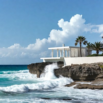 White Modern House on Cliff Over Crashing Ocean Waves