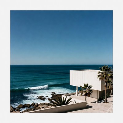 Modern White Building by Ocean with Palm Trees