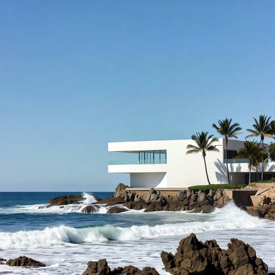 White modern house on rocky ocean shore