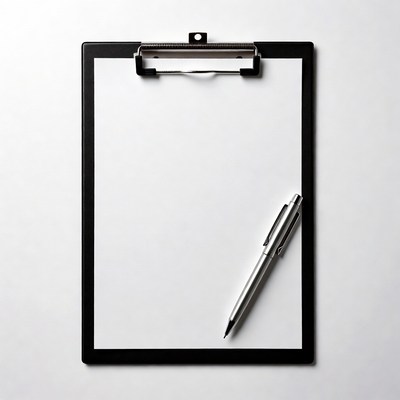Black Clipboard with Blank Paper and Pen