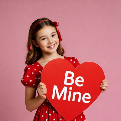 Girl holding Be Mine heart sign