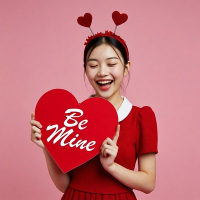 Asian girl holding Be Mine heart