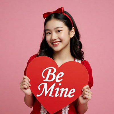 Asian girl holding Be Mine heart