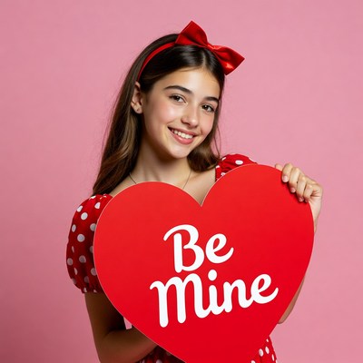 Girl holding Be Mine heart sign