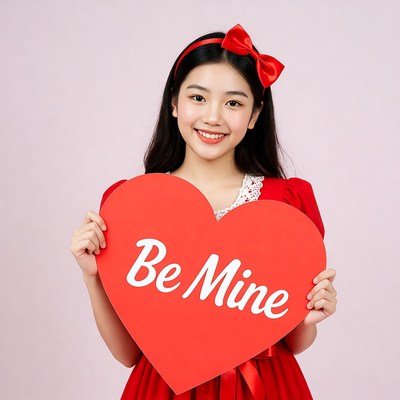 Asian girl holding Be Mine heart