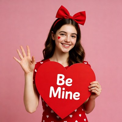 Girl holding 'Be Mine' heart sign