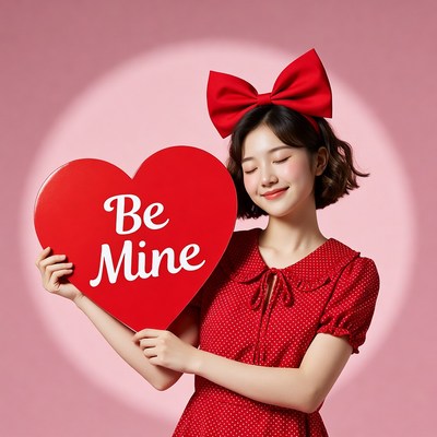 Asian girl holding Be Mine heart sign