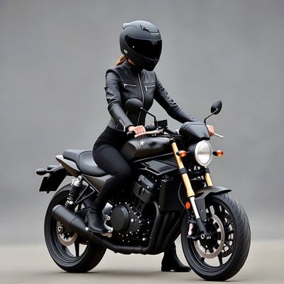 Woman in black leather on motorcycle