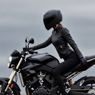 Woman in black helmet on black motorcycle