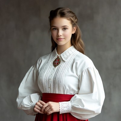 Girl in white blouse red skirt