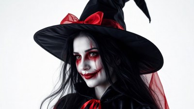 Woman in red bow witch hat