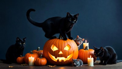 Black Cats on Halloween Pumpkins