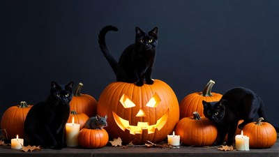 Black Cats on Halloween Pumpkins