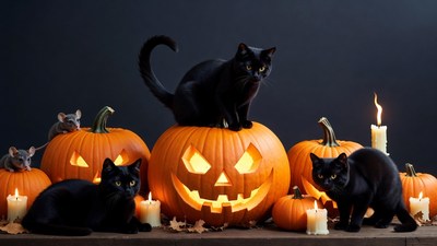 Black Cats on Halloween Pumpkins