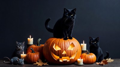 Black Cats on Halloween Pumpkin