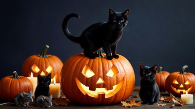 Black kittens on Halloween pumpkins