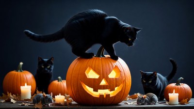 Black Cats on Halloween Jack-o'-lantern
