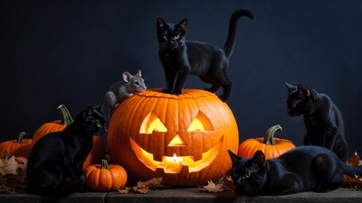 Black Cats on Halloween Pumpkin