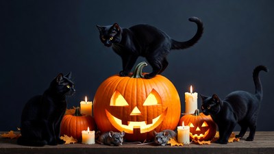 Black Cats on Halloween Pumpkins