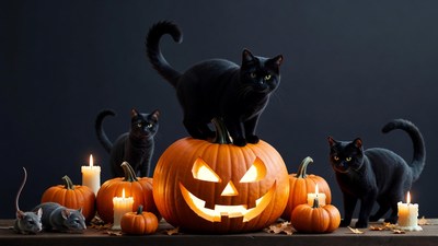 Black Cats on Halloween Jack-o'-lantern