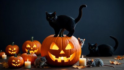 Black Cat on Jack-o-Lantern with Kittens