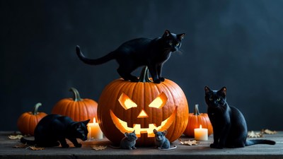 Black Cats on Jack-o-Lantern Pumpkin