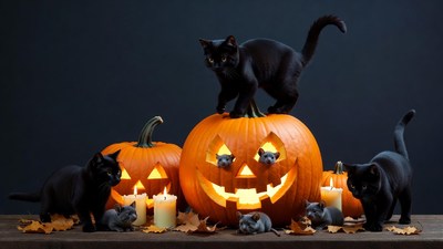 Black Cats on Halloween Pumpkins