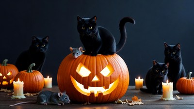 Black Cats on Halloween Jack-o-Lantern