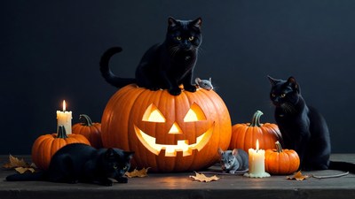 Black Cats on Halloween Pumpkin