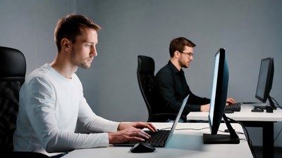 Two men working at computers