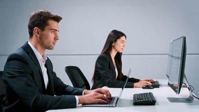 Man and woman working on computers