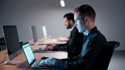 Men working on computers in office