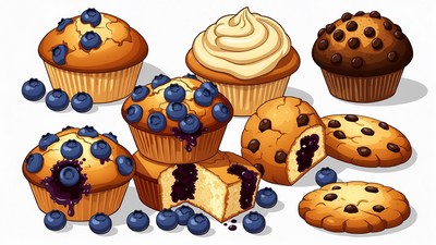 Blueberry Muffins and Cookies Illustration