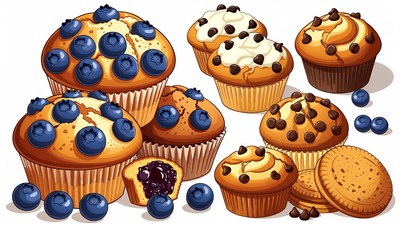 Blueberry and Chocolate Muffins Illustration