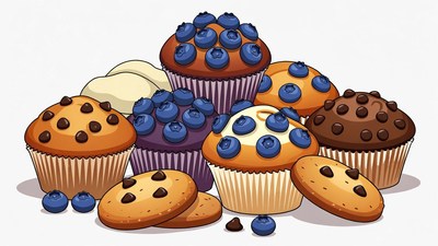 Assortment of Blueberry Muffins Illustration