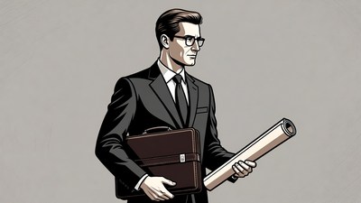 Businessman holding briefcase and blueprint