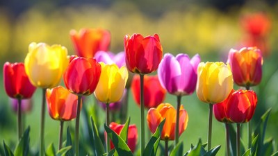 Colorful Tulips in Green Field