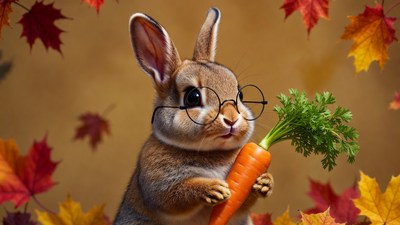 Rabbit with glasses holding carrot