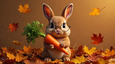 Cute bunny holding carrot in autumn leaves