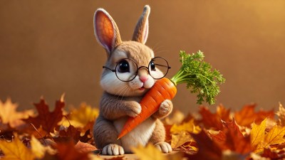 Bunny holding carrot in autumn leaves