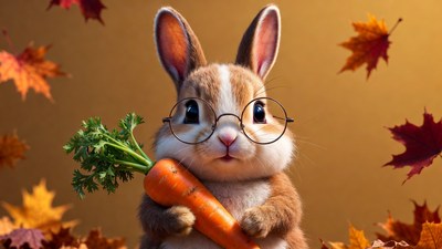 Cute bunny holding carrot with glasses