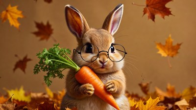 Cute bunny with glasses holding carrot