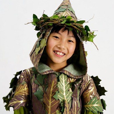 Asian girl in leafy forest witch costume